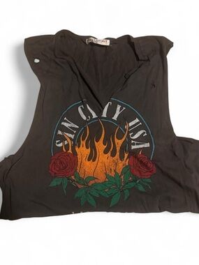 Vintage Graphic Muscle Tank Top - Black with Flame & Rose Print